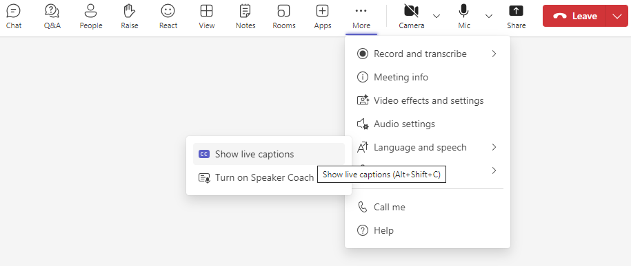 Shows what to select in Microsoft Teams to access the area for live captions