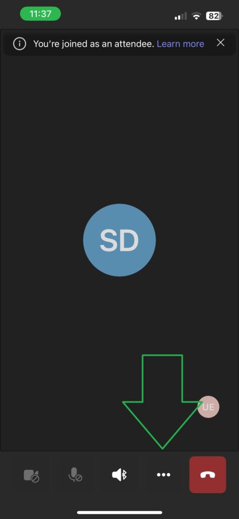 Arrow pointing to what needs to be clicked on to view caption settings when wanting to turn on live captions during a teams call from a smart phone/mobile device