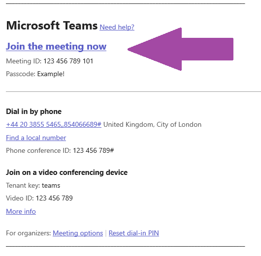 Teams call joining instructions