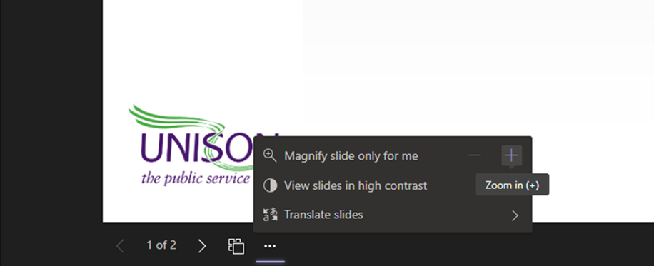 Screenshot showing where to magnify screen when PowerPoint presentation has been shared by a presenter in a Microsoft Teams meeting or webinar.